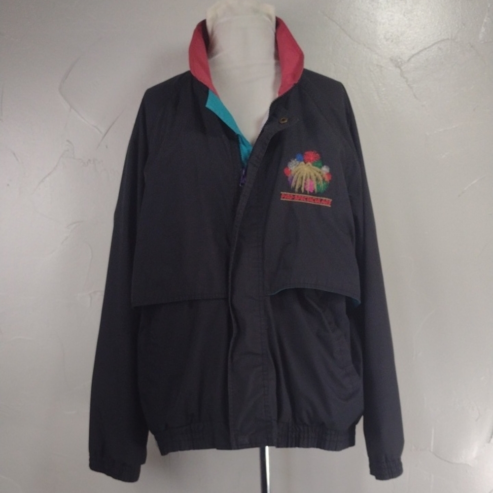 Worn Vintage Winner Mate Black Jacket with Embroidered Fireworks Design L
